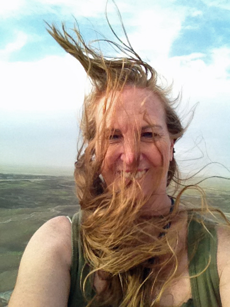 Karen Duquette caught in the wind on Blue Mesa Overlook